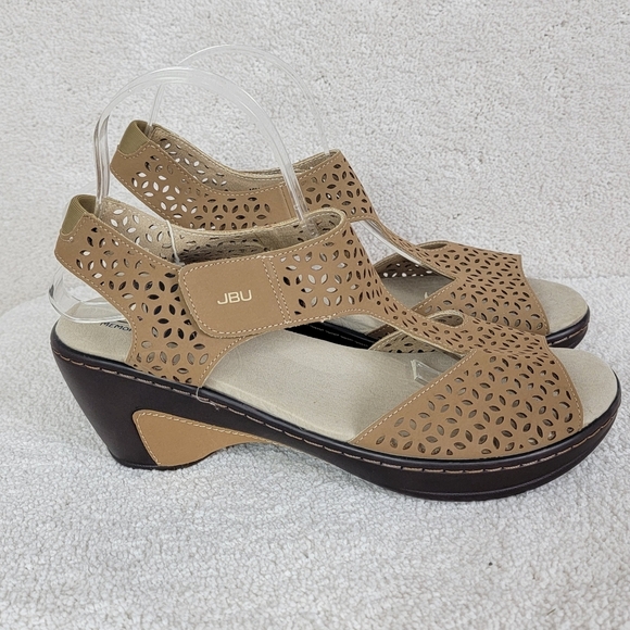 Jambu JBU Chloe Tan Peep Toe T Strap Vegan Wedge Sandal  Sz 10M NEW - Picture 1 of 14